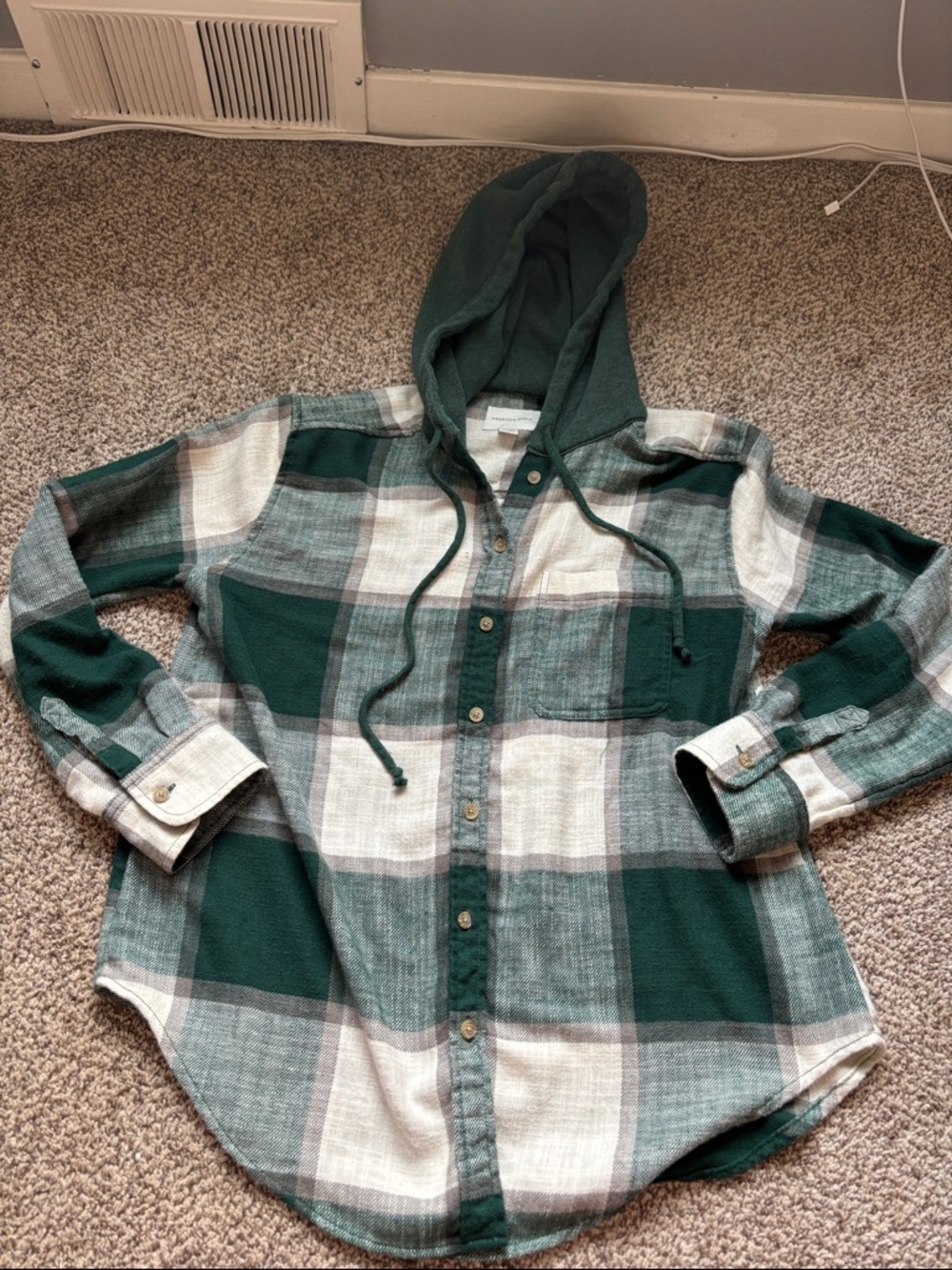 American Eagle Green and Cream Plaid Hooded Shirt Jacket